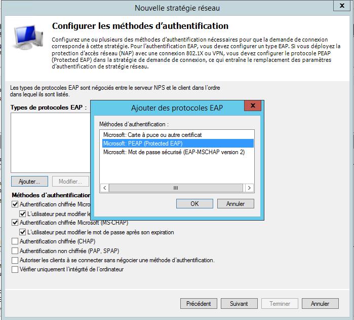Faire suivant Ajouter un type de protocole EAP : choisir «Microsoft PEAP (protected EAP).