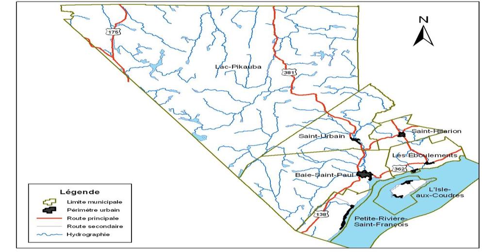 3.1 Description du territoire d application : La MRC de Charlevoix est située en bordure nord du fleuve Saint-Laurent dans la région administrative de la Capitale-Nationale (région 03).