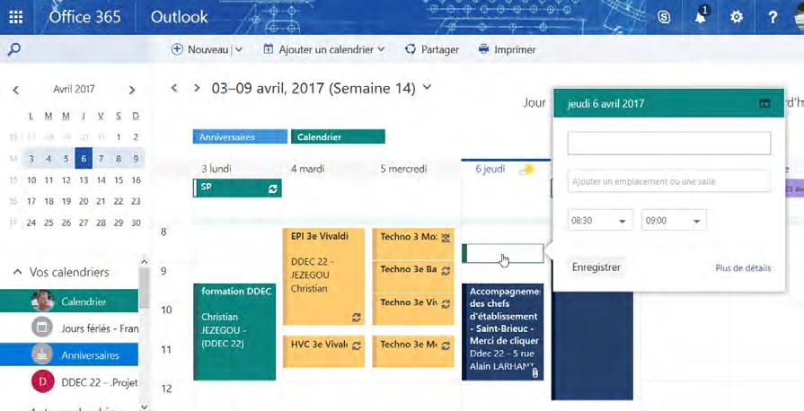 .0 Le calendrier Outlook sur le web En utilisant le calendrier Outlook sur le web, vous pouvez créer, modifier, supprimer et partager des événements de calendrier.