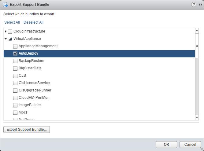 Installation et configuration de vsphere 3 Dans le menu Actions, sélectionnez l'option Exporter des bundles de support... 4 Sélectionnez uniquement VirtualAppliance > Auto Deploy.