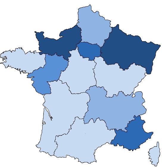 Différentiel embauches-départs selon les régions en 216 Hauts de France - 5 Normandie + 15 Ile de France - 25 Grand Est + 2 Bretagne Pays de la Loire + 5 Centre - Val de Loire Bourgogne -