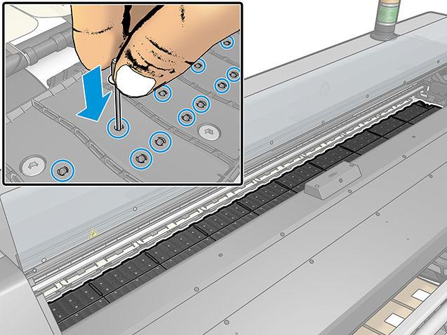 3. Ouvrez le capot de l'imprimante. 4. Utilisez une broche de 1 mm pour déboucher tous les trous dans la platine d'impression. Veillez à insérez complètement la broche.