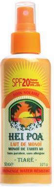 Soins solaires Lait de Monoï SPF 20 spray Aur Monoï de Tahiti 1% (appellation d origine), parfum Tiaré.