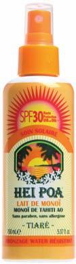 Soins solaires Lait de Monoï SPF 30 spray Aur Monoï de Tahiti 1% (appellation d origine), parfum Tiaré.