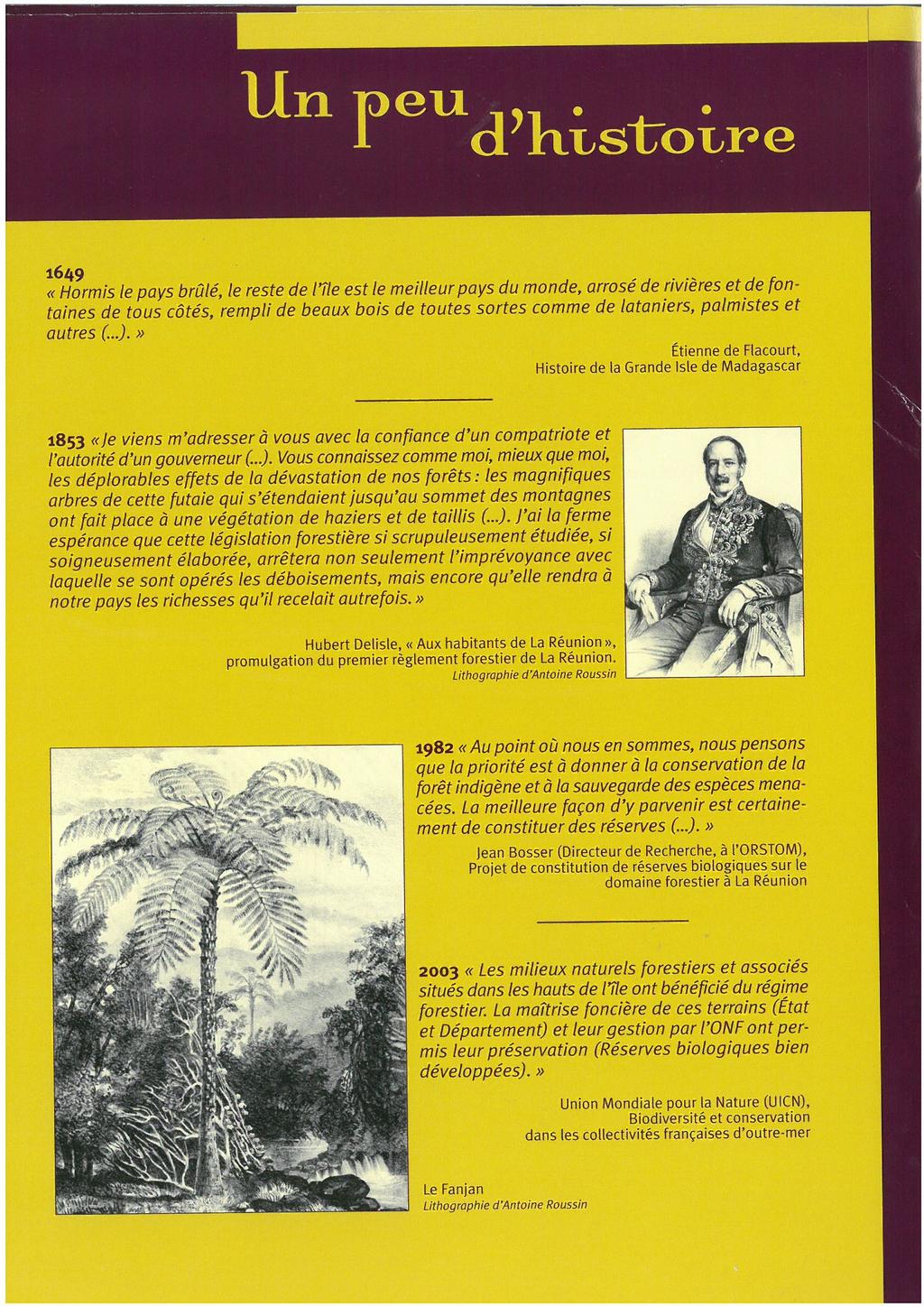 A La Réunion, création du domaine forestier vers 1870 suite aux effets de la déforestation massive (coulées de boues, glissements de terrain ) Hubert Delisle «Aux habitants de la Réunion», 1853 : «Je