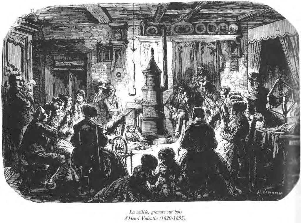 Un poêle en céramique placé au revers de la plaque de cheminée, chauffe toute l'assemblée rassemblée devant en ce début du 19 e siècle.