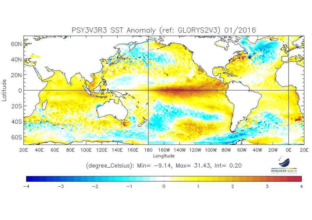Anomalie liée à El Nino Figure 1 : Anomalies de température de surface de l'océan en janvier 2016, en C, par rapport à la normale 1992-2013 (source : Mercator Océan).