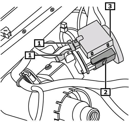 (voir illustration 3) Illustration 3 1 Marquage(s) 2 Collier(s) de serrage 3 Module de colonne de direction Débrancher le connecteur électrique de la bobine de lecture du dispositif antidémarrage.