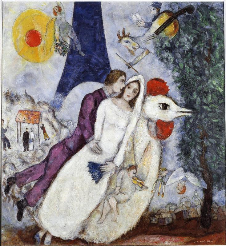 Marc Chagall, Les Mariés de la Tour Eiffel, 1938-1939, huile sur toile, Musée national