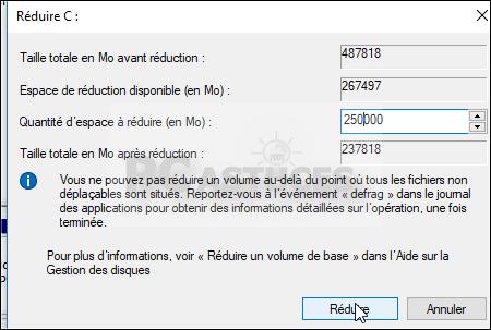 6. Windows vous informe alors de la taille maximale qu'il peut récupérer (quantité d'espace à réduire) et de la nouvelle taille de la partition actuelle (taille totale en Mo après réduction).