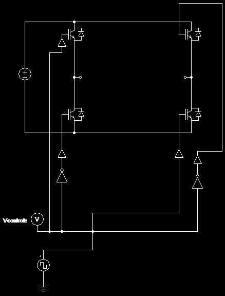 II Onduleur pleine onde: 1- Repartons d un hacheurs 4 quadrants (réversible en courant et en tension) modélisé par le fichier Onduleur1Elève.psimsch. Il est ici représenté sans charge.