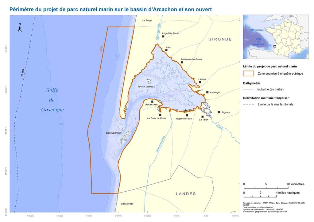 2. Le périmètre, soumis à enquête publique Le projet de parc naturel marin sur le bassin d Arcachon et son ouvert couvre 420 km² d espace marin et 127 km de linéaires côtiers.
