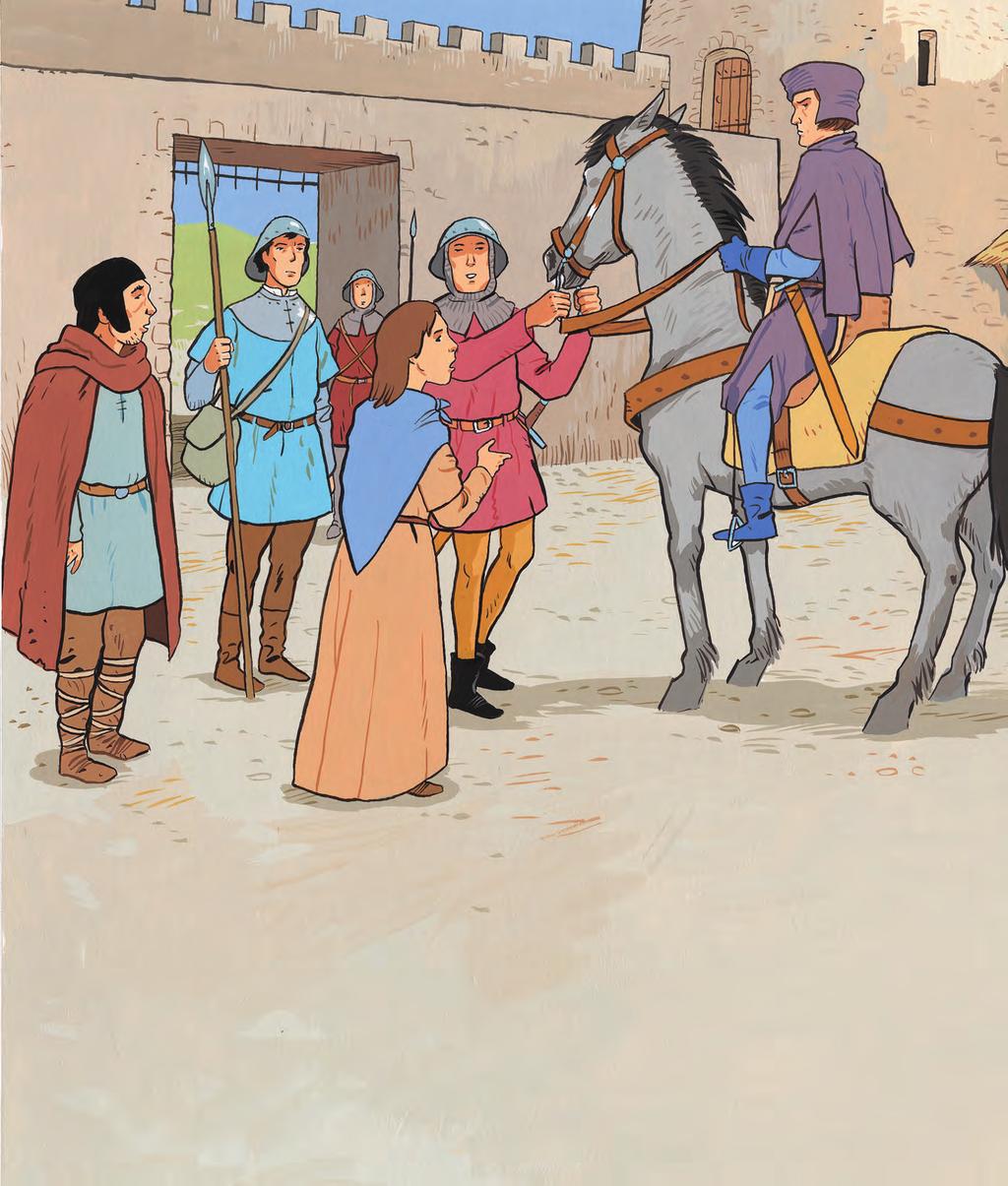 4 Le lendemain matin, dans la cour du château, Jeanne guette la sortie du capitaine. Le voici!