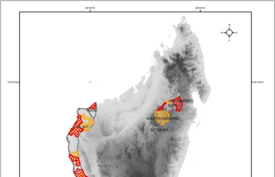 Selon les études effectuées sur les zones touchées à Madagascar, 12 des 22 régions existantes sont concernées (Atsimo Andrefana, Menabe, Melaky, Androy, Ihorombe, Anosy, Sofia, AlaotraMangoro, Haute