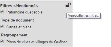 Verrouiller les filtres Pour conserver ces filtres et rester dans le regroupement «Plans de villes et villages du Québec» pour la durée de votre session de travail, cliquez sur l icône représentant