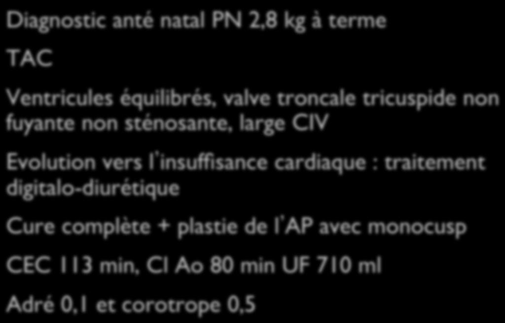 Patient 1-2,8 kg 22 j Diagnostic anté natal PN 2,8 kg à terme TAC Ventricules équilibrés, valve troncale tricuspide non fuyante non sténosante, large CIV Evolution