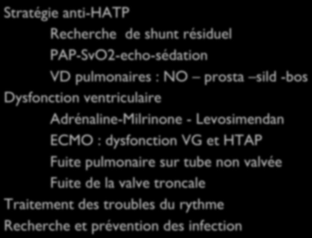 Réanimation Stratégie anti-hatp Recherche de shunt résiduel PAP-SvO2-echo-sédation VD pulmonaires : NO prosta sild -bos Dysfonction ventriculaire Adrénaline-Milrinone -