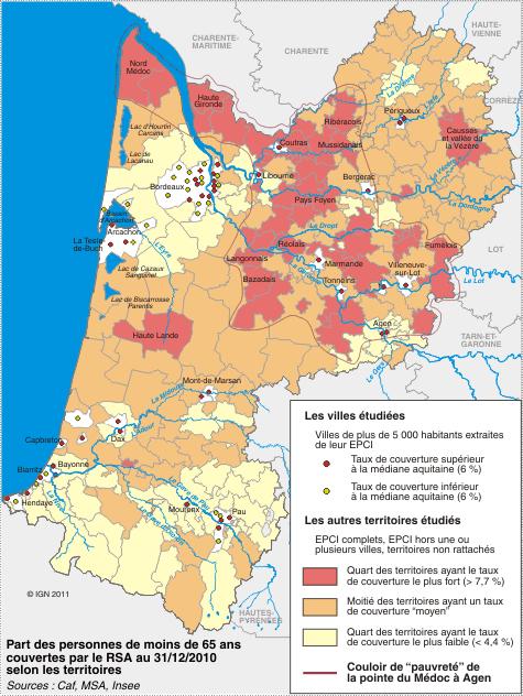 Le PRAPS Aquitaine : le diagnostic La pauvreté est intense dans un vaste couloir reliant la pointe du Médoc à Agen Aquitaine : 430 000 personnes en dessous du seuil de pauvreté