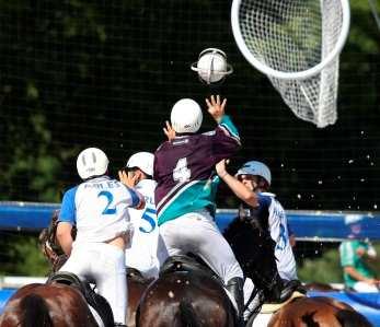 Sport collectif à cheval, le horse-ball se joue par 2 équipes de six cavaliers, dont 4 sur le terrain et 2 remplaçants sur les extérieurs.