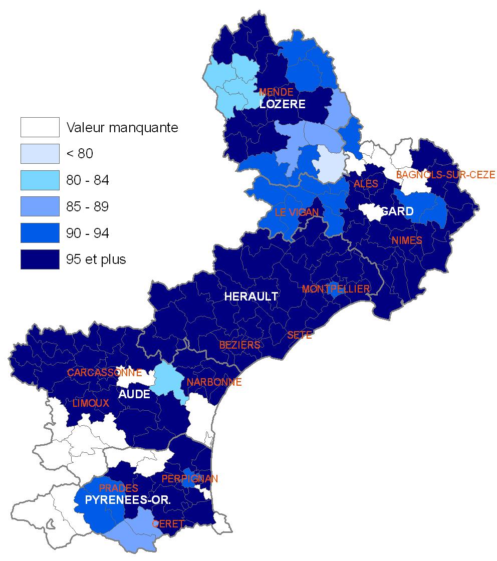 Couverture vaccinale Estimation des couverture vaccinale pour le RRO au niveau national et dans l Hérault Couverture vaccinale RRO (au moins 1 dose) chez les 10-11 ans, en %, par circonscription