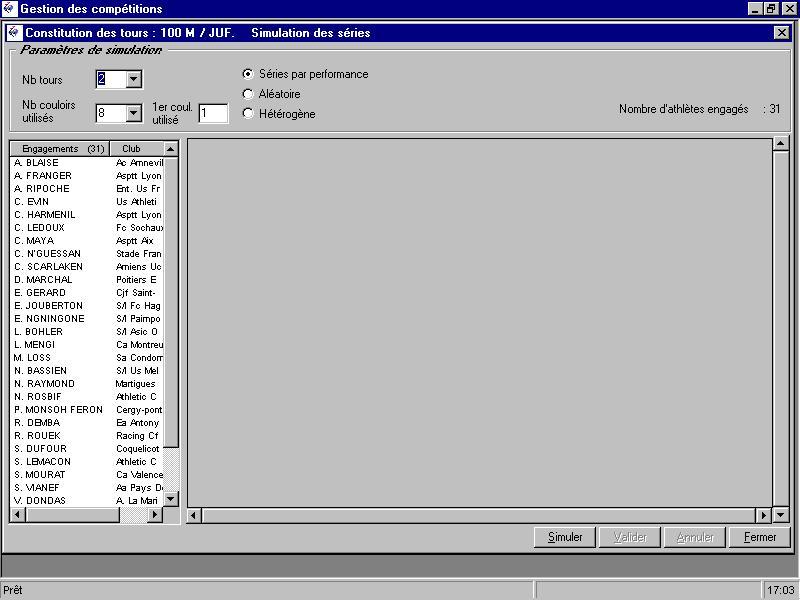Simulation Le menu Simulation (accessible depuis une épreuve / catégorie) permet de constituer les séries pour chaque tour à partir de standard de qualification.