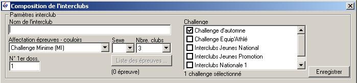 Créer un interclub Saisir les paramètres de l'interclub Nom de l'interclub Affectation épreuves - couloirs : des interclubs types sont proposés dans la liste déroulante et permettent