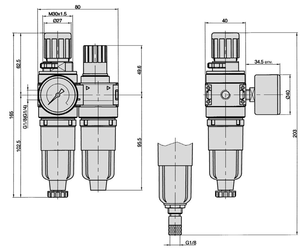 Filtre/régulateur et lubrificateur G /8, G /4 Dimensions de la série FROK Purge automatique des condensats Le corps principal possède deux orifices G /8 pour le raccordement d un manomètre.