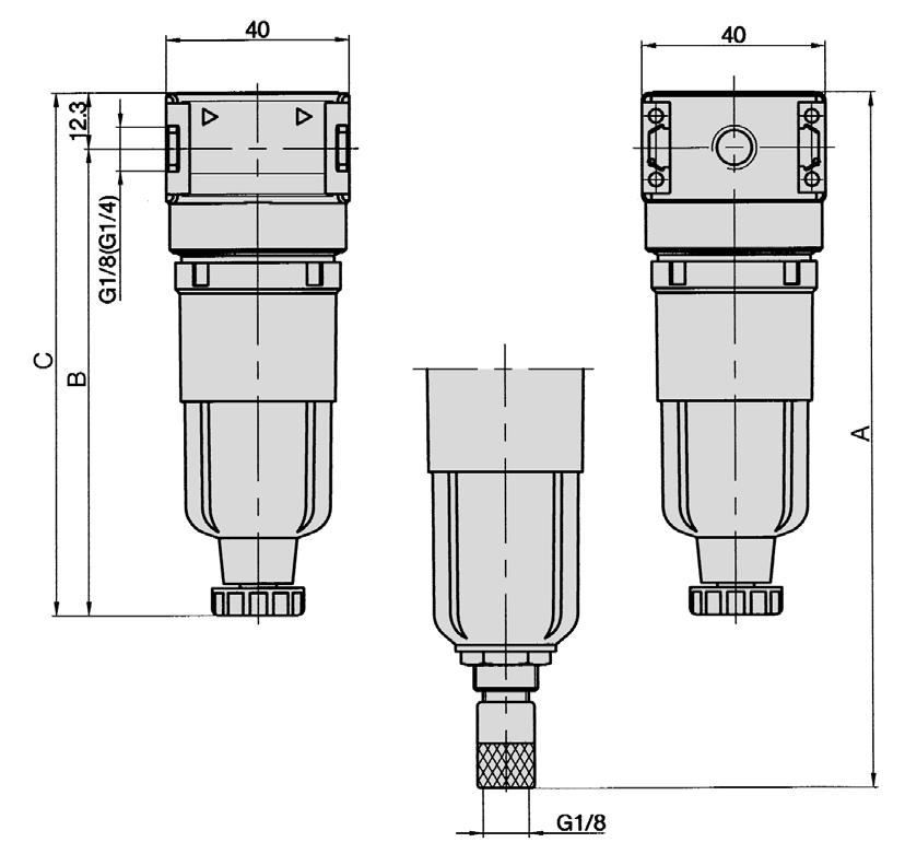 Filtre G /8, G /4 Dimensions de la série FK Purge automatique des condensats Référence FK-8 FK-4 FKA-8 FKA-4 FKF-8 FKF-4 FKM-8 FKM-4 A 53 53 42,4* 53 42,4* B 02,5 95,5
