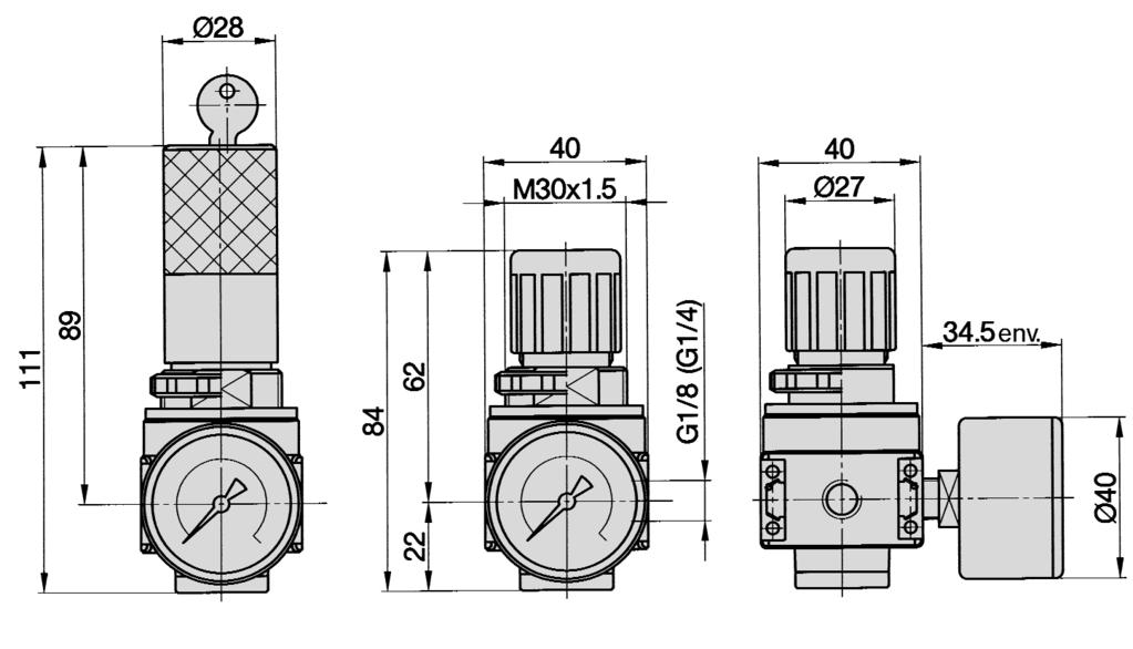 Régulateur de pression G /8, G /4 Dimensions de la série RK Verrouillage à clé Le corps principal possède deux orifices G /8 pour le raccordement d un manomètre.