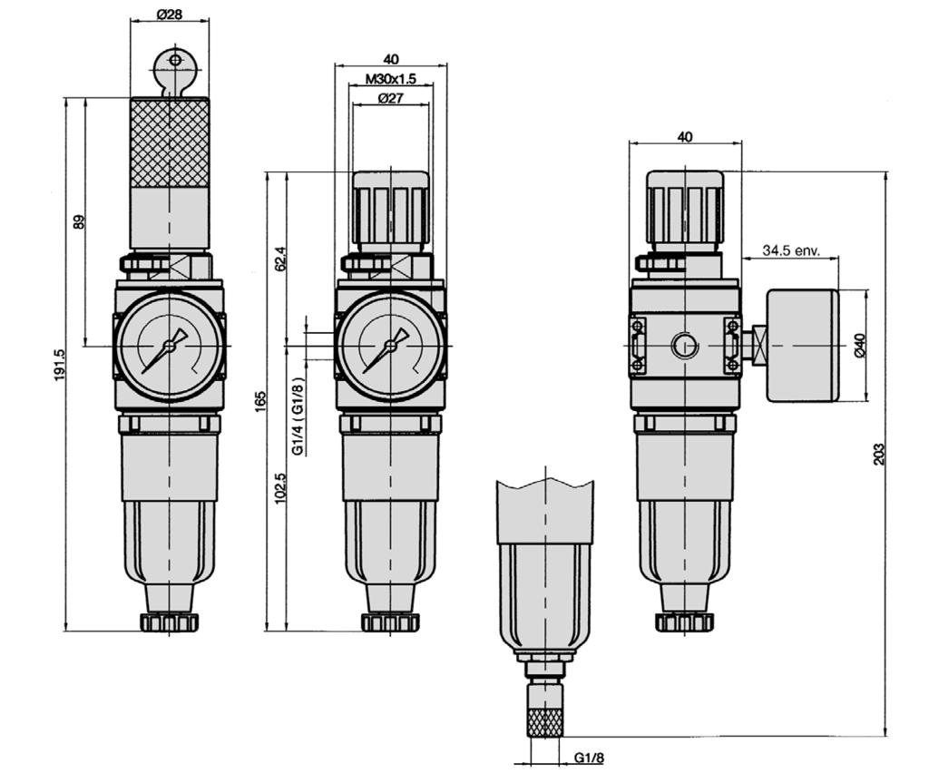 Filtre/régulateur G /8, G /4 Dimensions de la série FRK Verrouillage à clé Purge automatique des condensats Le corps principal possède deux orifices G /8 pour le raccordement d un manomètre.