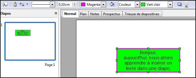 couleur du texte. Mise en forme du cadre du texte : Cliquer dans la zone de texte, les carrés verts apparaissent.