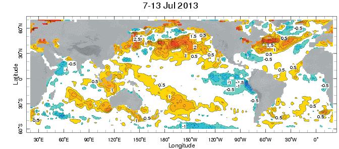 Figure 1: Anomalies de températures de surface des océans : semaine du 7 au 13 juillet 2013 (Source: IRI) II.