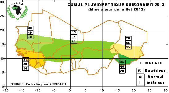 Figure 2: Mise à jour de juillet de la prévision des cumuls pluviométriques saisonniers en Afrique de l Ouest (les chiffres dans les petits rectangles du dessus, du milieu et du bas indiquent les