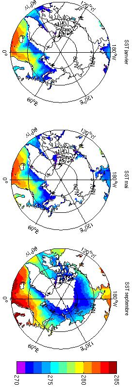 Circulation générale Janvier: Mai: Forte superficie de la banquise. Nuage présent uniquement au dessus de la mer du Groenland. Début de la fonte des glaces.