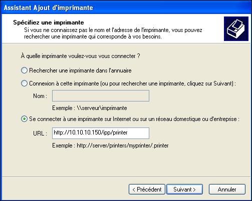 IMPRESSION SOUS WINDOWS 51 5 Windows 2000/XP/Server 2003/Vista : Dans le champ de l URL, saisissez l adresse IP ou le nom DNS de l EX8002 suivi de «ipp/» puis du nom de la connexion (hold, direct ou
