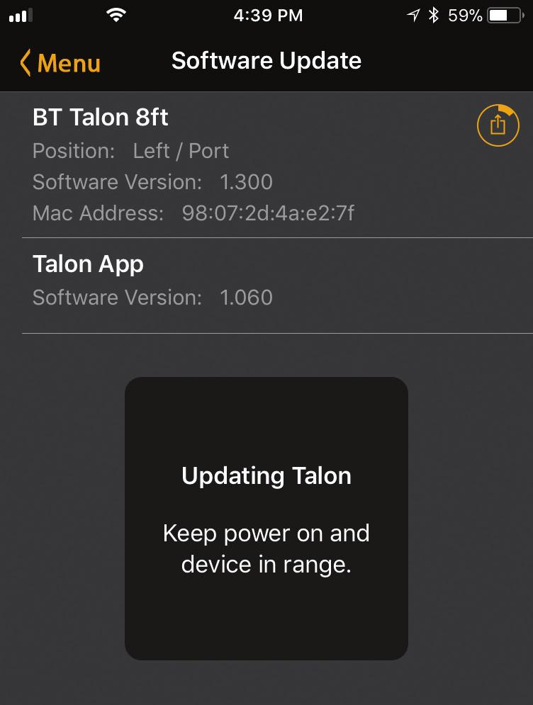 Update a Single Talon from the Talon App with ios TALON UPDATES WITH ios FOR BLUETOOTH ENABLED TALONS Talon software updates are performed through the Talon app.
