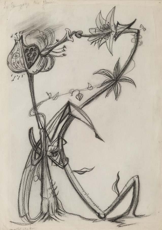 106. André MASSON (1896-1987) Le langage des fleurs, 1938 Fusain et estompe sur papier, signé en bas à gauche et titré en haut à gauche.