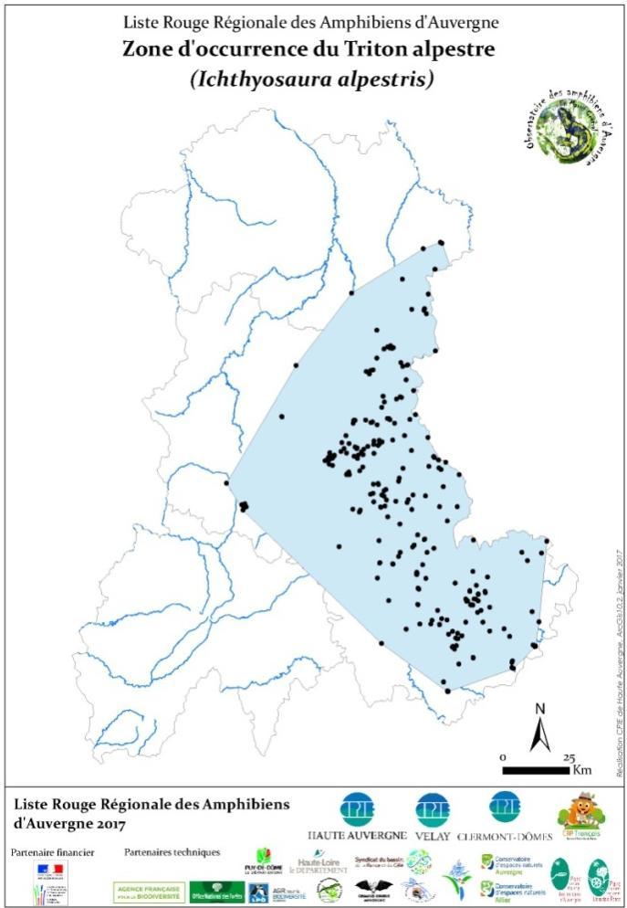 Ichthyosaura alpestris (Laurenti, 1768) Triton alpestre I Zone occupation 732 km² Zone occurrence 9 575,25 km² Nombre de localités Milieux aquatiques variés (mares, Habitat ornières, lacs ) dans un