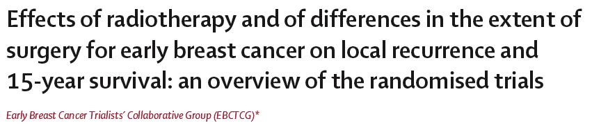 Essais randomisés comparant chirurgie ± Radiothérapie après tumorectomie 10 essais; 7300 patientes Lancet, 2005; 366: 2087 Récidives locales à 15