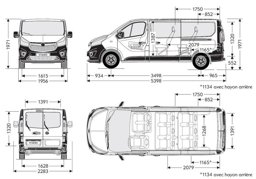 Opel Vivaro Schémas techniques (m) L2 H1 Dimensions (m) L2 H1 Dimensions extérieures Empattement 3.498 Longueur totale 5.398 Largeur totale 1.956 Largeur totale mirroirs incl. 2.283 Hauteur totale 1.