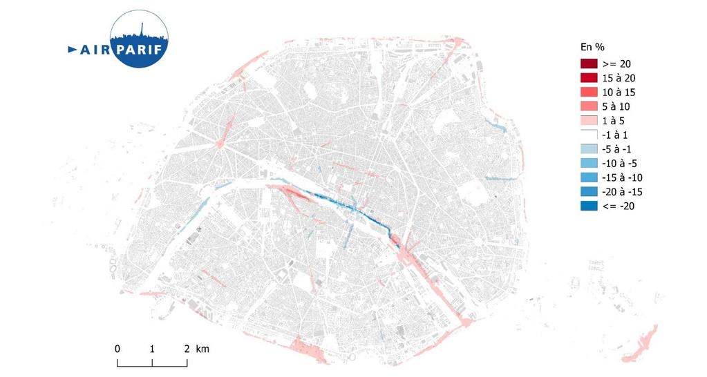 Exemple d actions La fermeture des voies sur berges Zoom sur Paris Différence 2016-2015 à météorologie constante Période de minovembre à midécembre Amélioration globale de la qualité de l air le long