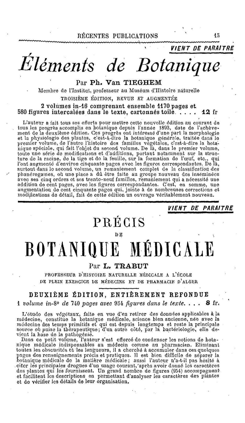 RÉCENTES PUBLICATIONS ' ' 1S VIENT DE PARAITRE Eléments de Botanique Par P h.
