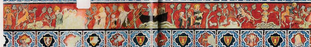 DECOR PEINT La frise de personnages sur fond rouge, évoque différents moments de la vie de Saint Eustache, (Saint patron des Drapiers, cf explications ci-dessous) Médaillons sur fond d entrelacs :