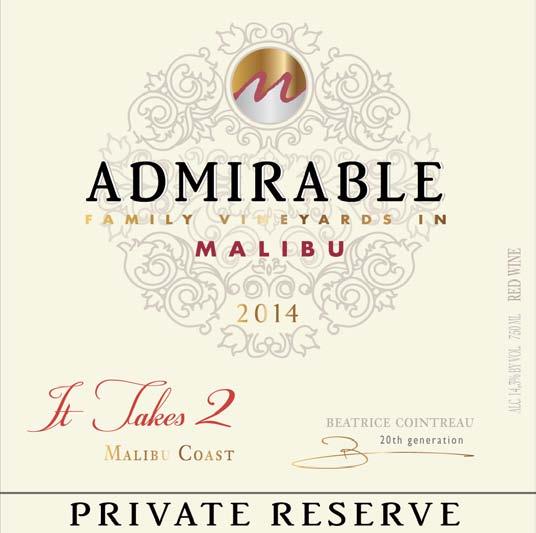 NOTES DE DÉGUSTATION Notre PRIVATE RÉSERVE ADMIRABLE It Takes 2 2014 est un vin californien provenant de notre vignoble familial MALIBU Coast.