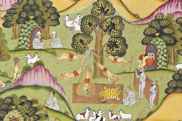 Une peinture du 16ème siècle, illustrant le Ramcharitmanas de Tulsidas et notamment le séjour de Rama dans la forêt des sages, montre ce type de pratique où l'ascète est pendu à un arbre par les