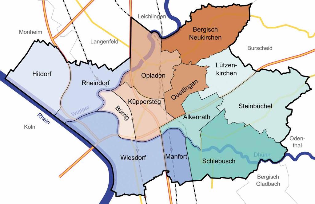 10. Conseils utiles pour le quotidien Mobilité et trafic routier La ville de Leverkusen se divise en 13 quartiers : (Source : https://de.wikipedia.