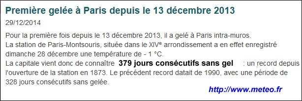 - nombres de jours de gel : très inférieurs à la normale 2014 a été en France l année la plus chaude depuis 1900.