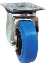 ROUE : Résilex P bleu : bandage en caoutchouc bleu super-élastique adhérisé sur le corps de roue en polyamide 6.6 noir (diamètre 80 mm en Manulastic bleu).