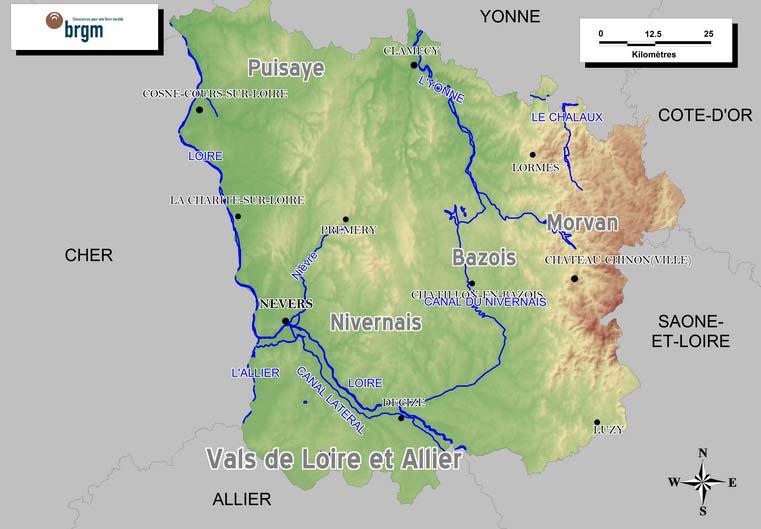 Illustration 6 : carte morphologique de la Nièvre (fond : MNT 250 de l IGN). a) Le massif du Morvan Ce massif constitue l extrémité nord-est du Massif Central.