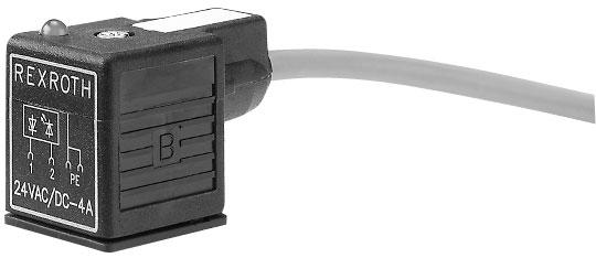 Connecteur électrique, forme A, avec DEL jaune, câble et diode Zener DIN 43 650 Tension nominale Courant de commutation maxi.